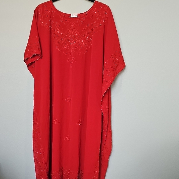 Sante Classics Vintage Red Boho Hippie Beaded  Embroidered Kaftan Dress One Size - Picture 1 of 10
